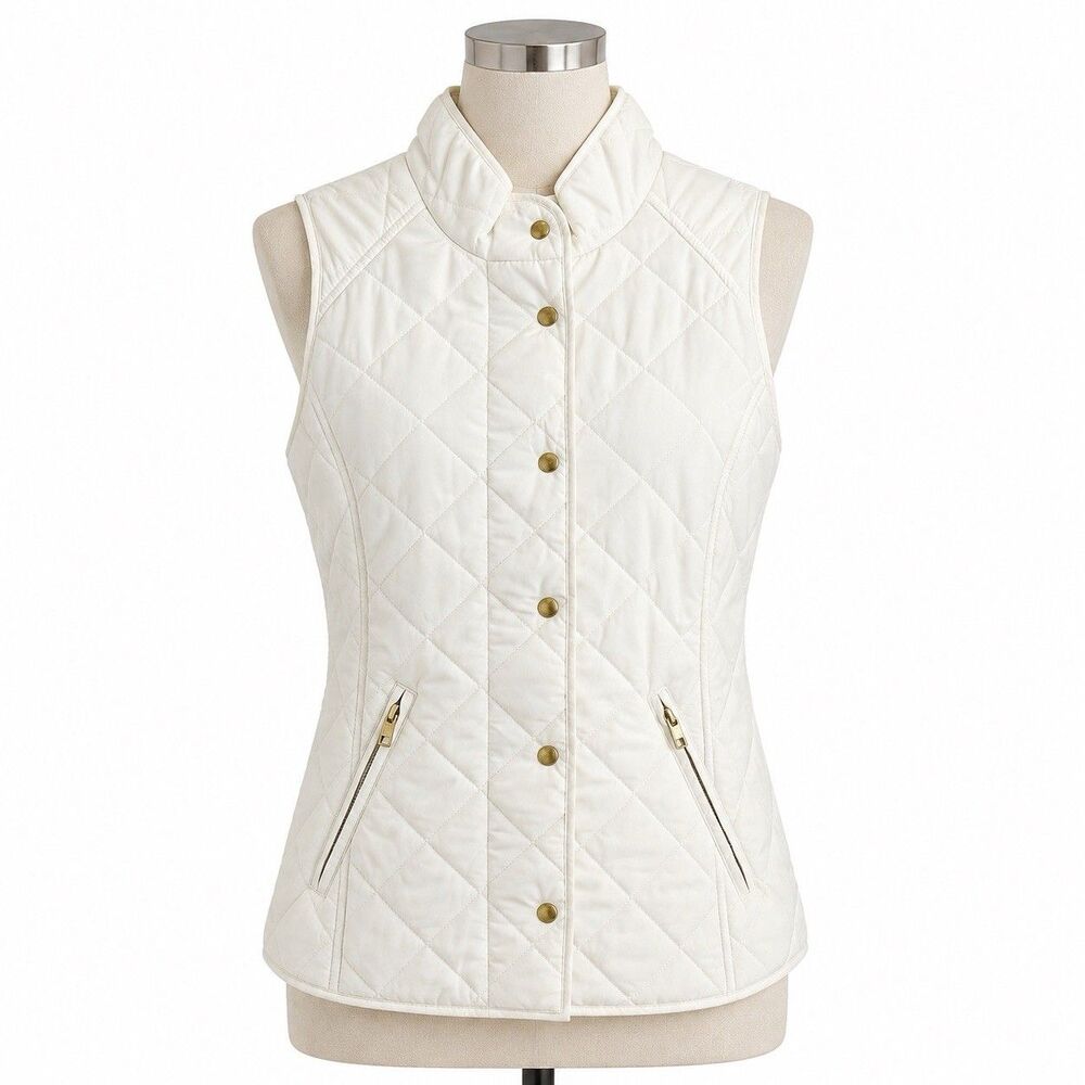 Crown & Ivy Women’s XS Ivory Quilted Vest Gold Snap Zip Pockets 23” Length
